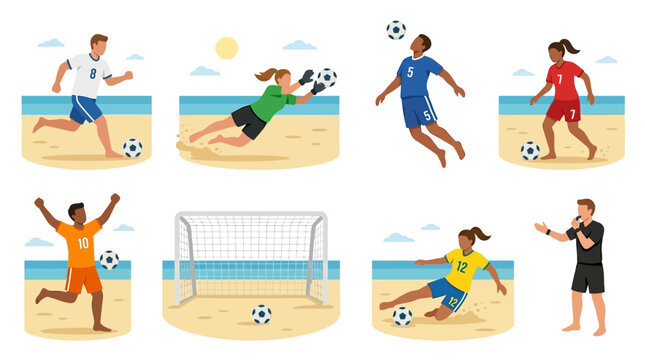 Diverse professional soccer players and a referee wearing colorful jerseys compete in various active poses during a summer beach match