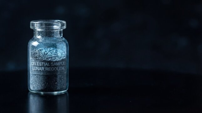 Glass vial containing lunar regolith soil sample against dark background