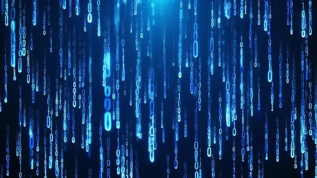 Digital blue code matrix rain background with glowing binary numbers