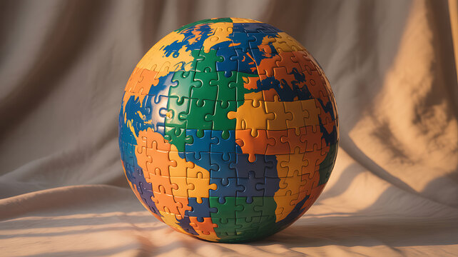 Colorful globe made of puzzle pieces symbolizing ecological sustainability and green energy