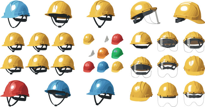 Construction safety helmets set with protective hard hats and face shields in colorful flat vector illustration collection for industrial workers