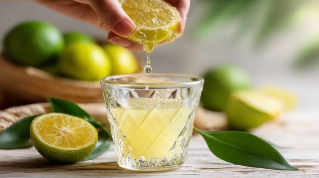 Fresh Lime Juice Being Squeezed into a Glass with Vibrant Limes and Green Leaves on a Wooden Surface in a Bright Natural Setting