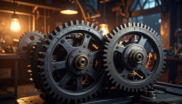 Intricate clockwork mechanism of dark polished metal gears interlocking, showcasing industrial craftsmanship and steampunk aesthetics