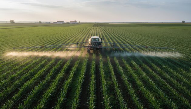 Selfpropelled sprayer applying fertilizer with GPSguided booms across a lush cornfield showcasing advanced precision agriculture technology in vibrant green crops.