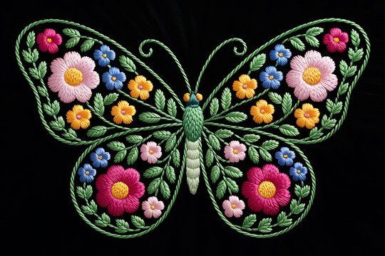 Embroidered butterfly with colorful floral patterns on black background embroidery butterfly needlework handmade colorful decoration ornament creative stitched