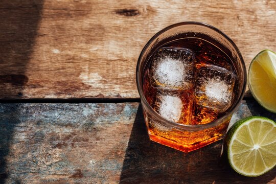 木のテーブルの上に氷とライムを添えた爽やかなドリンク