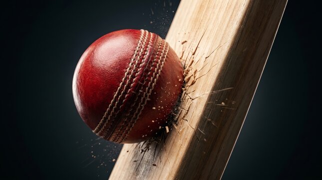 Cricket ball hitting a bat with splintering wood on dark background