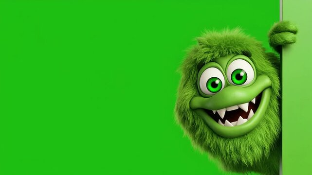 A green furry monster peeks from behind a wall with a cheerful expression.