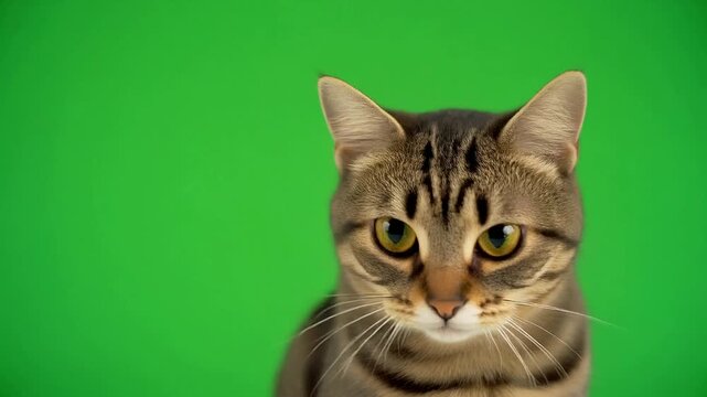 A close-up shot of a cat looking directly at the camera on a green background