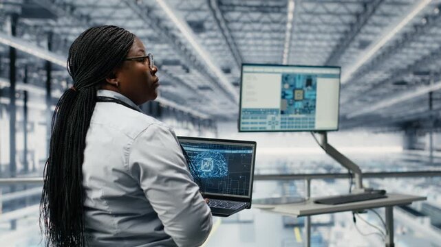 Using AI, microchip innovative technology and woman with colleague developing factory roadmap. Using artificial intelligence, high tech engineering and coworkers developing semiconductors, camera B