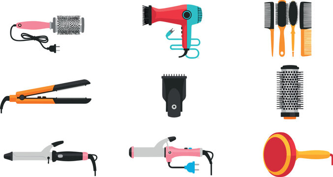 Hair styling tools set with dryer brushes curlers straighteners and combs in colorful flat vector illustration collection for salon design