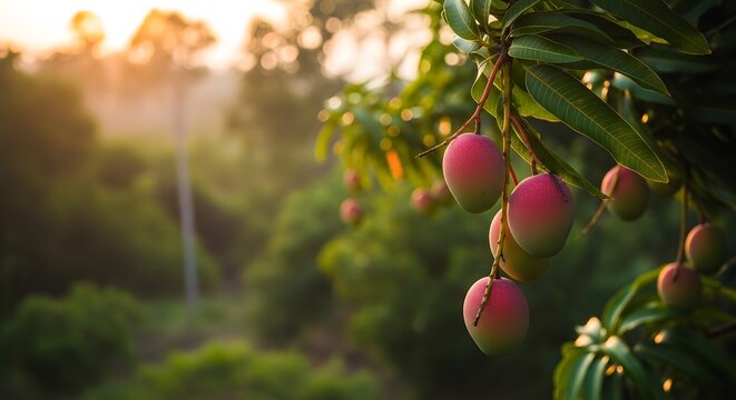 Ripe mangos hanging from a tree at sunset a tropical fruit harvest
