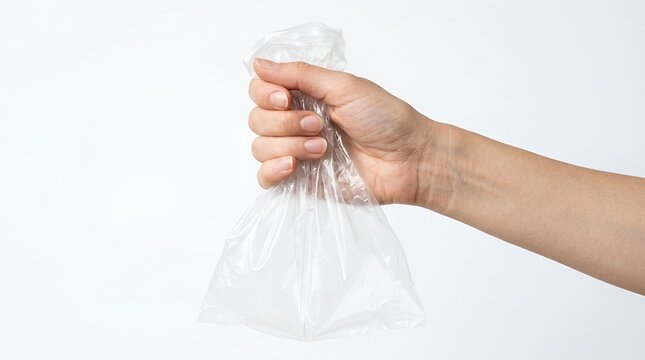 A hand tightly squeezing a transparent plastic bag filled with a white powdery substance.
