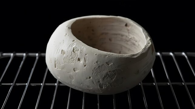 A porous bisque-fired ceramic bowl sits on a metal wire rack under dramatic lighting that emphasizes its raw matte texture and the imperfections of the unglazed clay.