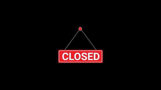 Animated red closed sign hanging on string, minimal clean design with alpha channel. Perfect for store, business status, retail, and UI overlay usage.