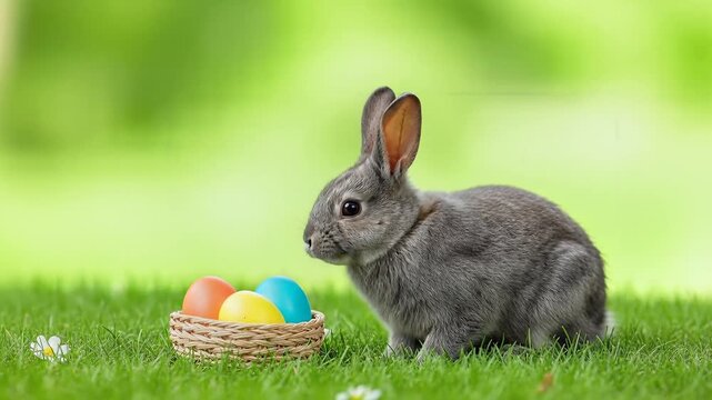 Easter Bunny with Basket of Colorful Eggs on Green Grass.