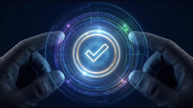Businessman manage tasks confirm completion approve processes with focused hand interacting glowing checkmark symbol futuristic digital interface vibrant colors technology precision confidence