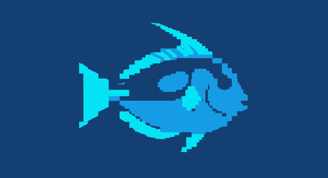 Blue Pixel Fish Icon.