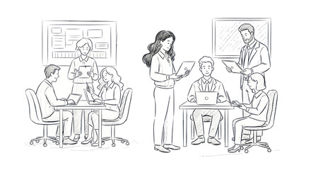 Obraz premium Business People Collaborating in Office Environment Sketch.