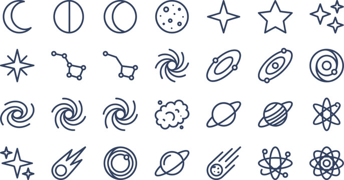 Set of clean dark outline icons representing various celestial objects including planets, stars, galaxies, and comets