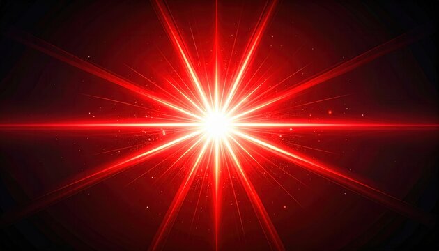 Une explosion de lumi&egrave;re rouge intense avec des rayons stellaires brillants et des particules &eacute;tincelantes sur un fond noir profond et myst&eacute;rieux.