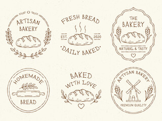 Bakery logo and emblem line art doodle vector set featuring bread, wheat, branches, mill, rolling pin and typography in minimalist monochrome outline style for branding, packaging and cafe identity © Irina Khovanskaya