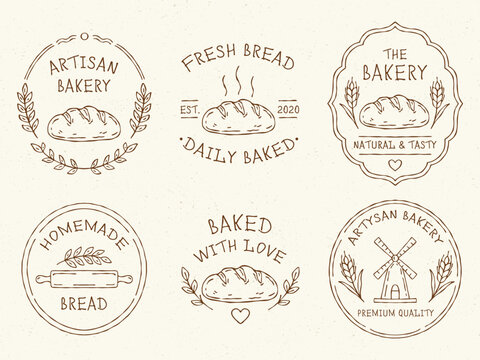 Bakery logo and emblem line art doodle vector set featuring bread, wheat, branches, mill, rolling pin and typography in minimalist monochrome outline style for branding, packaging and cafe identity