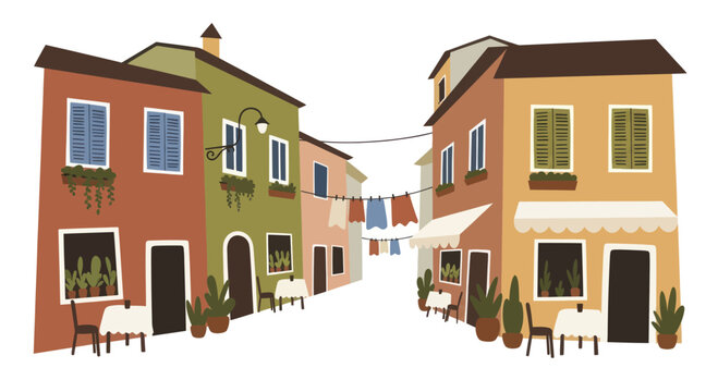 Charming European Street Scene with Colorful Buildings and Outdoor Dining.