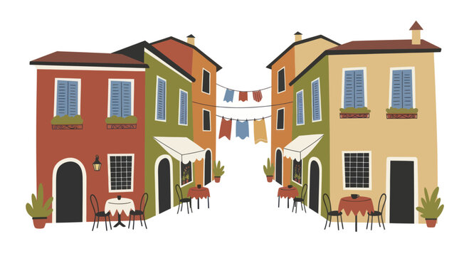Charming European Street with Colorful Buildings and Outdoor Cafes.