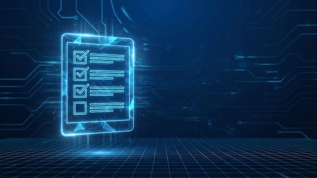 Businessman manage tasks confirm completion approve processes using digital technology in futuristic glowing blue light interface with grid patterns showing progress and control