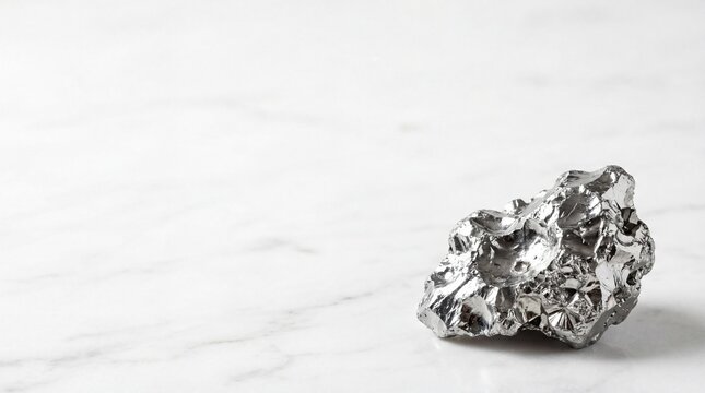 Shiny silver nugget mineral stone resting on a white marble background