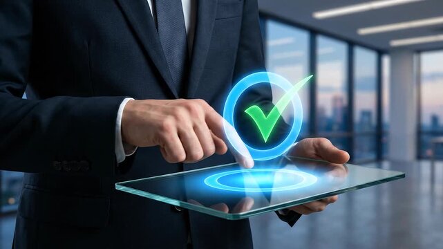 Businessman manage tasks confirm completion approve processes with digital tablet touchscreen showing success check mark symbol in corporate office city view through large windows