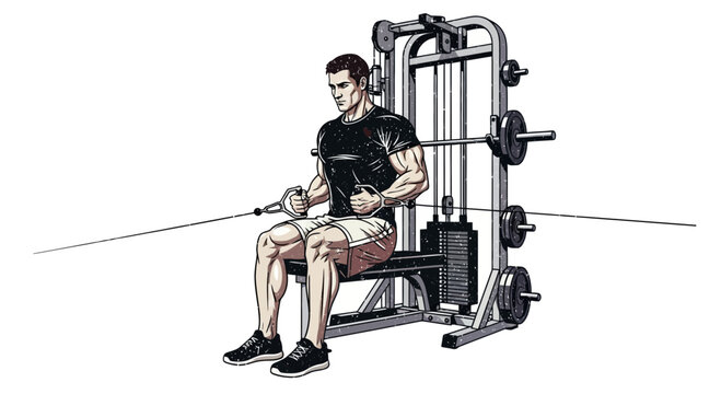 Man doing seated cable rows exercise on a smith machine in a gym