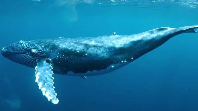 Majestic blue whale underwater cruising through luminous pelagic waters, cinematic side profile with textured skin, glowing pectoral fin, tranquil deep ocean scene, expansive marine wildlife seascape