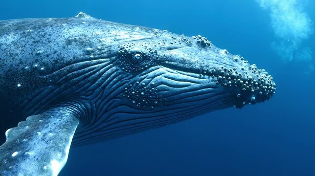 Blue whale underwater close encounter featuring barnacled head texture, sculpted throat grooves, and gentle eye detail, dramatic marine mammal portrait in clear blue depths, immersive ocean realism
