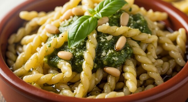 Delicious Fusilli Pasta with Fresh Basil Pesto and Pine Nuts.