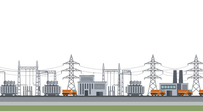 Industrial Power Plant and Electrical Substation with Transmission Towers.