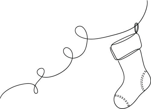 Minimalist line art drawing of a christmas stocking hanging on a string