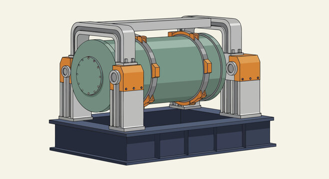 Industrial rotating drum machine for material processing and manufacturing operations.