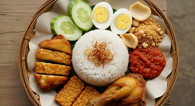 Delicious Indonesian Nasi Campur Meal with Fried Chicken and Tempeh.