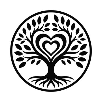 Black heart tree of life logo with roots and leaves