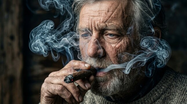 Old man smoking cigar macro close up portrait with detailed skin texture and smoke