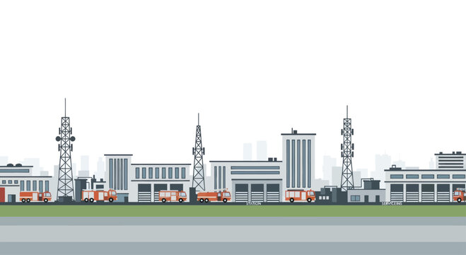 Modern Industrial Cityscape with Communication Towers and Buildings.