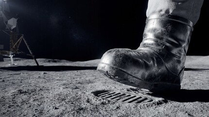 Fototapeta premium Astronaut boot stepping on the moon surface making a footprint in space