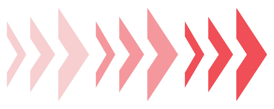 Red dynamic moving arrow directional symbol. Arrow direction quadruple multiple forward move next graphic design. Vector illustration. Eps10.