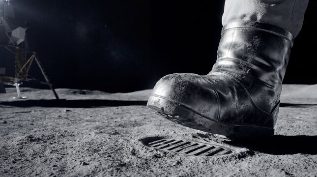 Astronaut boot stepping on the moon surface making a footprint in space