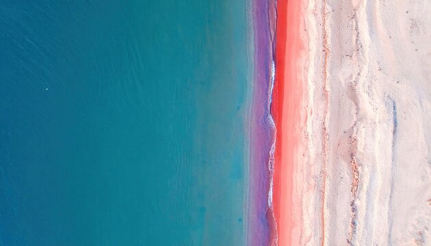 Vue a&eacute;rienne spectaculaire d'une plage aux couleurs surr&eacute;alistes avec une mer turquoise, un rivage rose vif et du sable blanc immacul&eacute;.