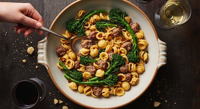 Delicious Orecchiette Pasta with Broccolini and Sausage.