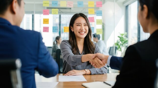 Two employers shaking hands with a smiling Asian woman after a successful business negotiation.