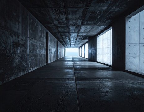 Couloir industriel en b&eacute;ton sombre avec des panneaux lumineux lat&eacute;raux et une lumi&egrave;re &eacute;clatante &agrave; l'extr&eacute;mit&eacute; dans un style architectural moderne.